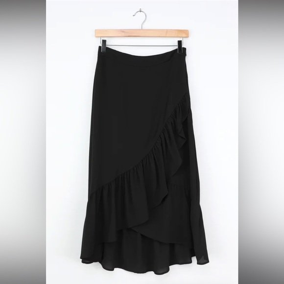 Lulus Mesmerizing Love Black Ruffled Faux Wrap Midi Skirt - Picture 1 of 7